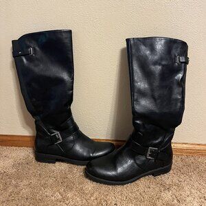 Tall Black Boots with calf elastic & cute buckle! Size 11